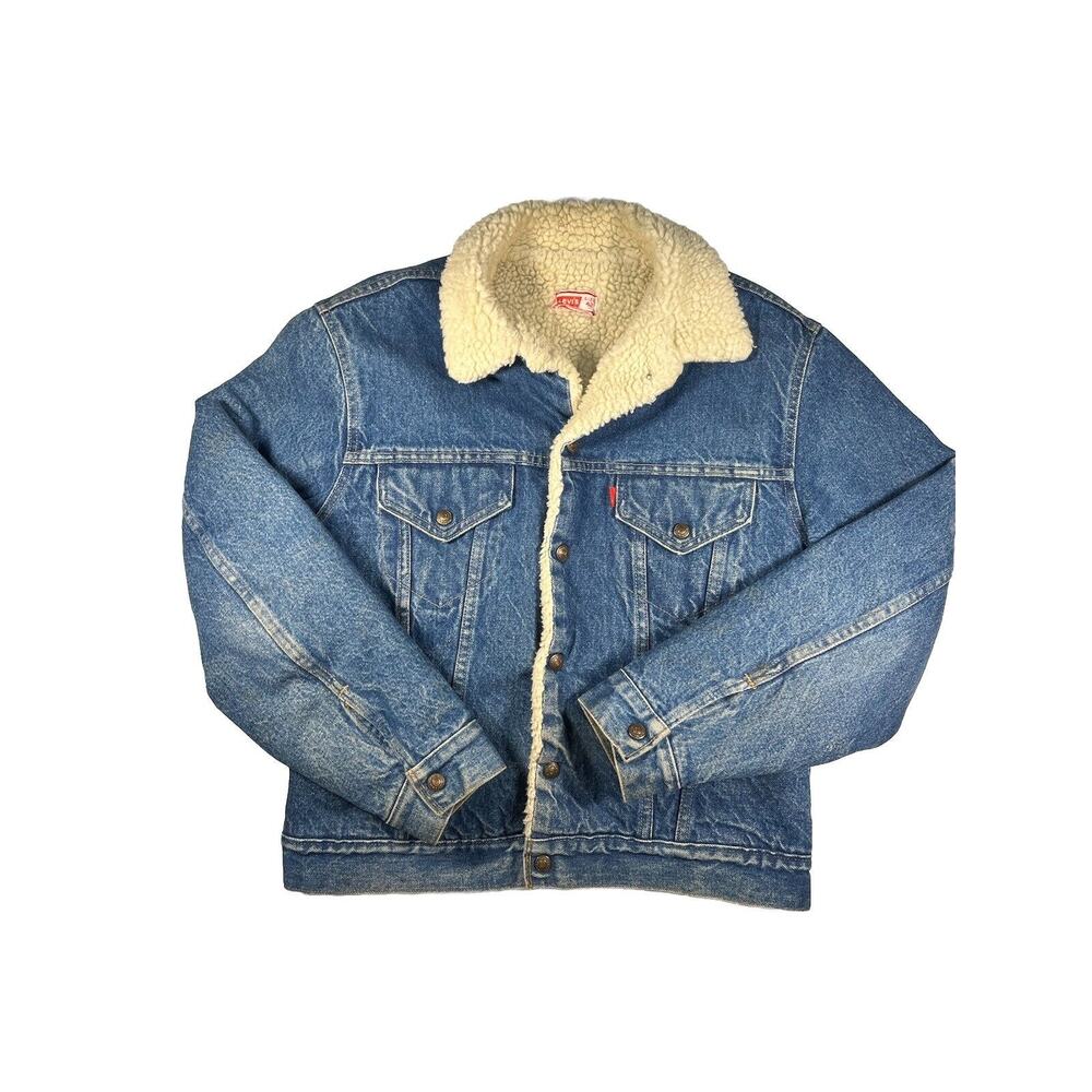 Vintage 80s Levis Denim Jean Trucker Jacket Sherpa Lined Size 42 Red Tab Hipster - Picture 2 of 9